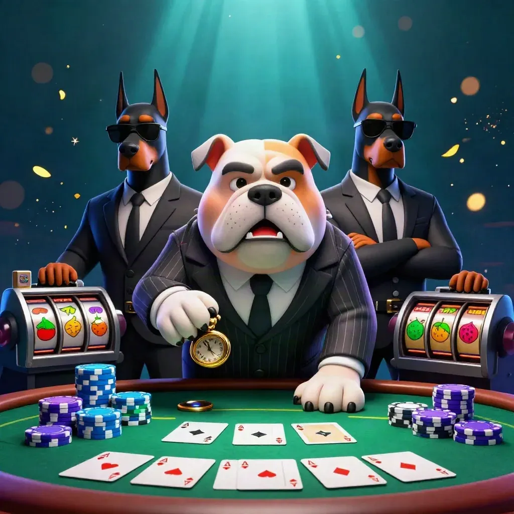 Mafia bulldog and two Dobermans over casino cards, chips, and neon reels in a dark blue glow.