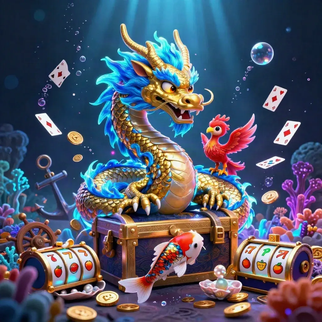 Golden dragon with phoenix and koi amid glowing casino treasure in deep neon blue light