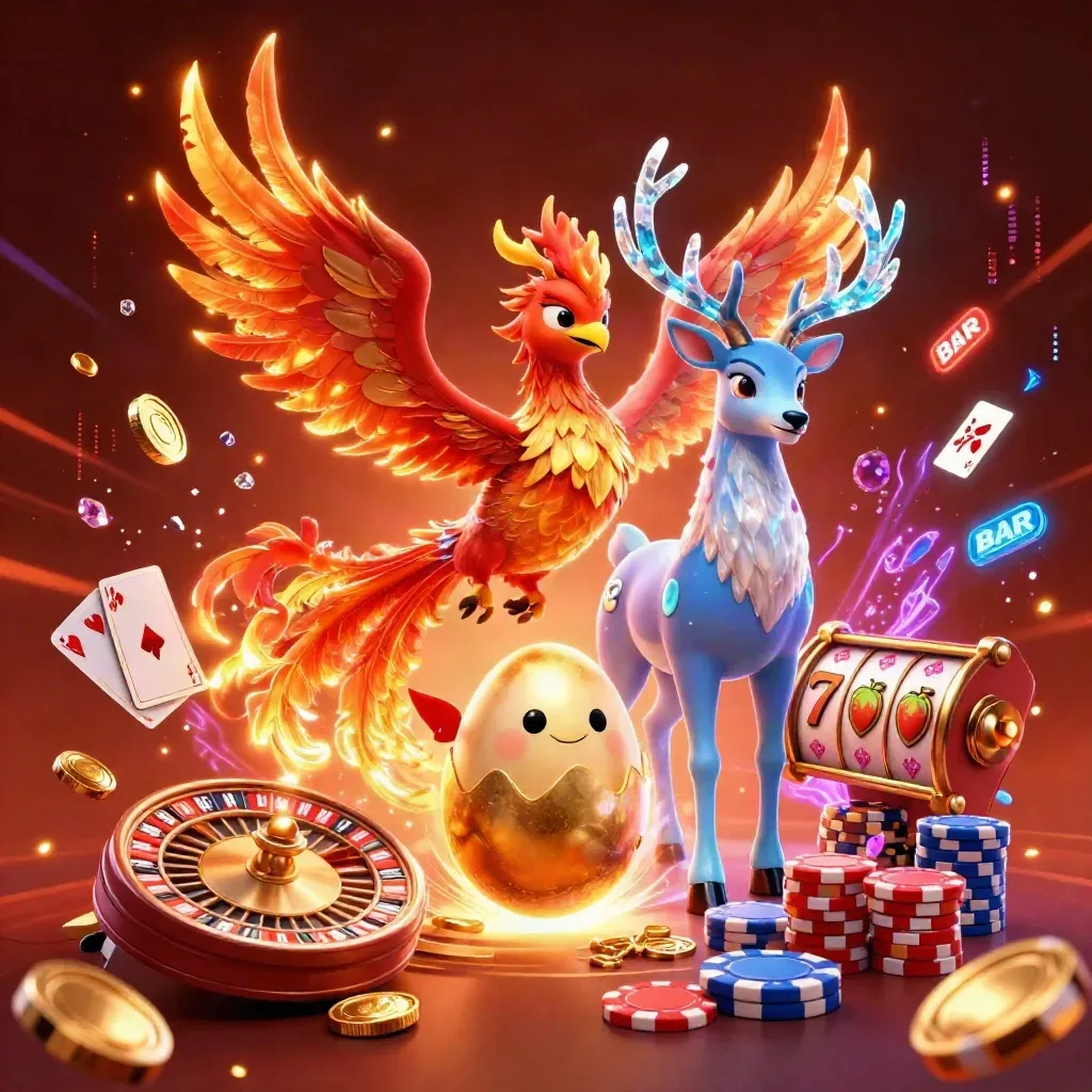 Fire phoenix, baby phoenix, and crystal stag amid coins, chips, roulette, and neon energy.