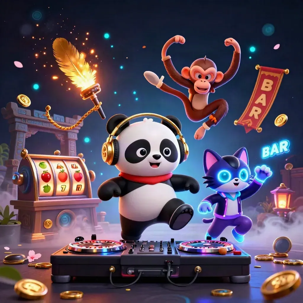 DJ panda, breakdancing monkey, and glow-stick kitten amid neon casino chaos and temple ruins.