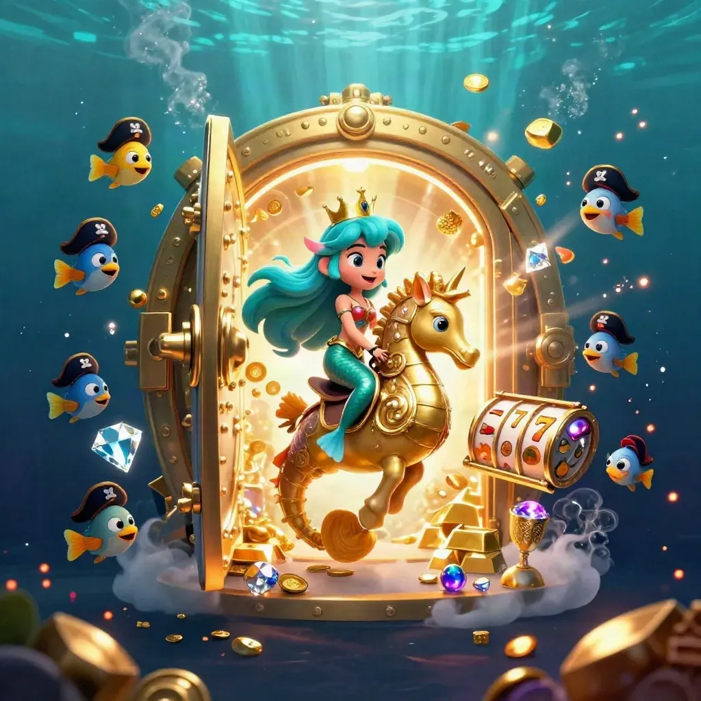 Mermaid princess rides armored seahorse through treasure, slots, and glowing underwater vault.