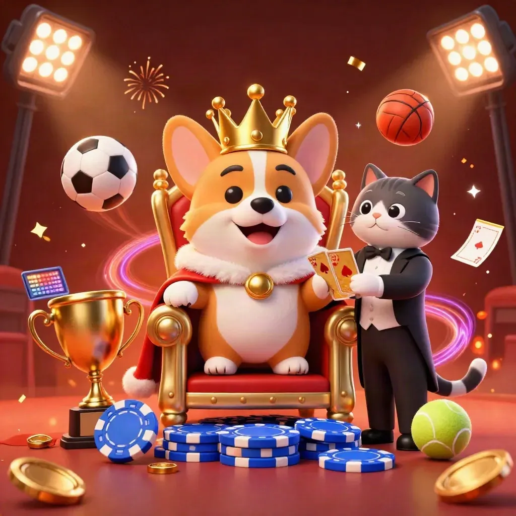 Royal corgi and cat butler amid casino sports rewards, coins, sparks and neon glow.