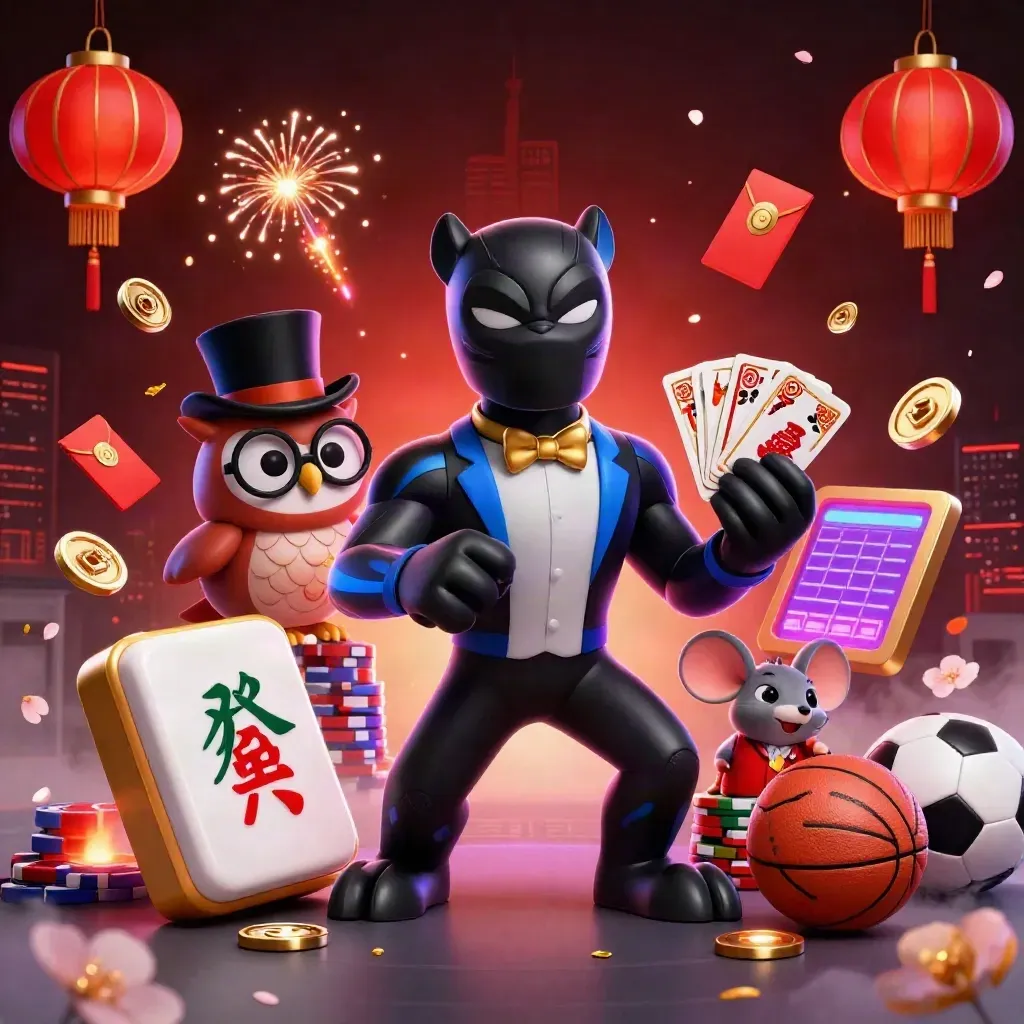 Black panther dealer with owl, mouse, chips, lanterns, neon coins, and casino energy.