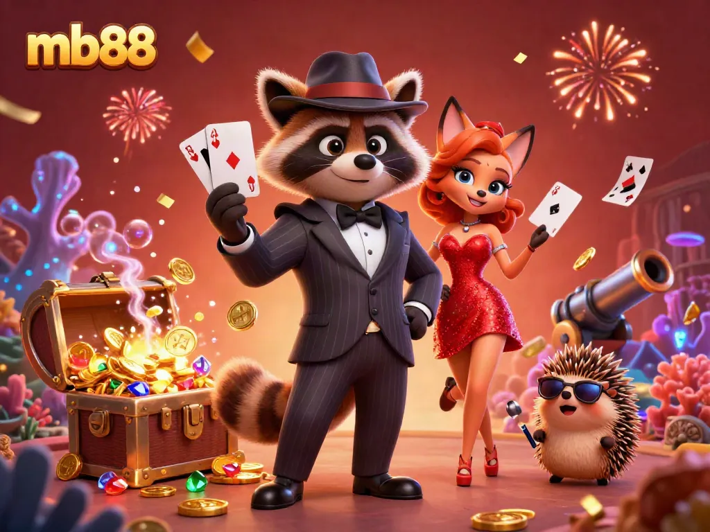 Experience thrilling gaming action at mb88 with a raccoon holding a royal flush and vibrant treasures in the background.
