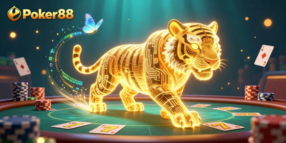 Engage with Poker88's vibrant poker scene featuring a neon tiger surrounded by chips and winning cards.
