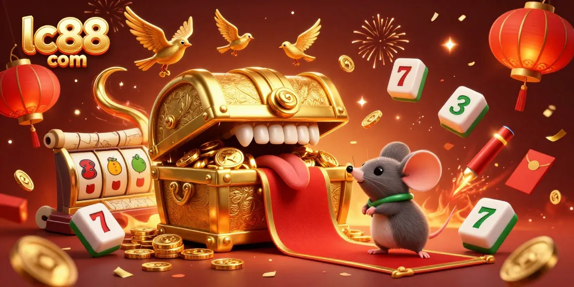 Win big at lc88 com with this colorful 3D treasure chest scene full of slot reels and lucky symbols.