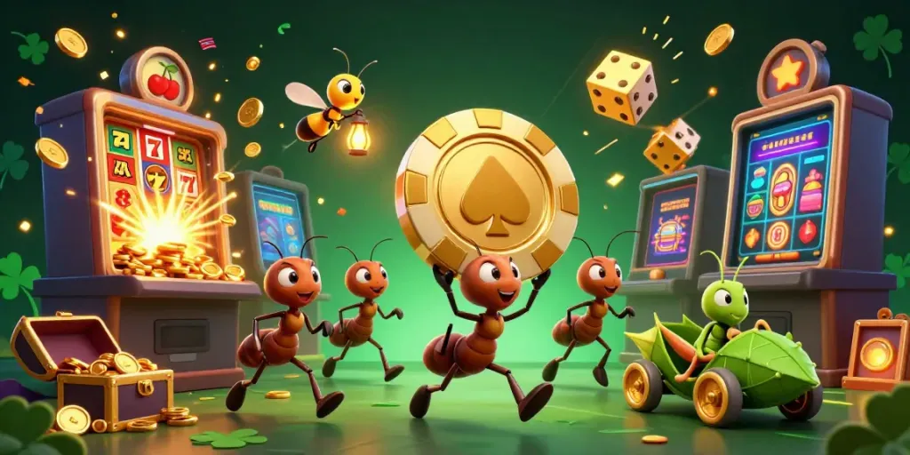Ants carry a giant poker chip in a bustling casino heist scene showcasing edwinslot elements.