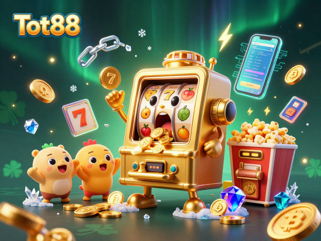 Tot88 slot machine wins big with coins bursting forth in an exciting casino scene.