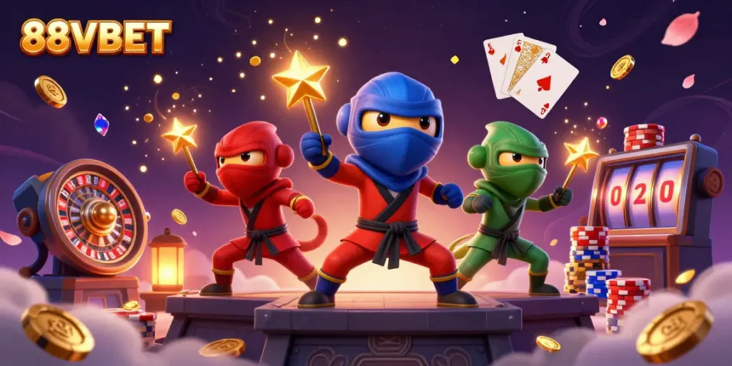 Experience the excitement of the 88VBET casino with vibrant characters and game elements.