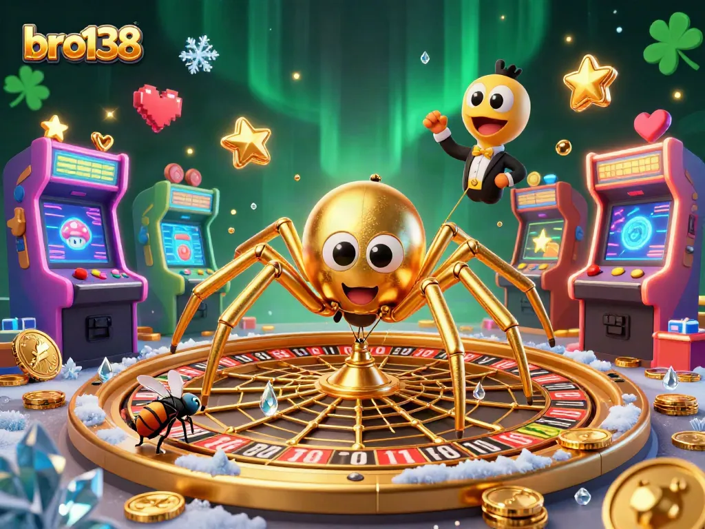 Experience the excitement of bro138's gaming with a vibrant 3D illustration packed with action and casino elements.
