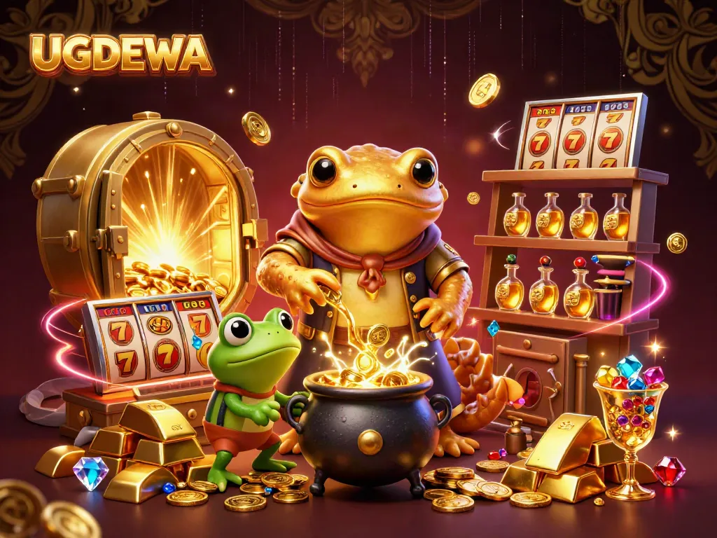 Engage with UGDEWA's lively casino scene, showcasing golden salamander alchemist and vibrant jackpot elements.
