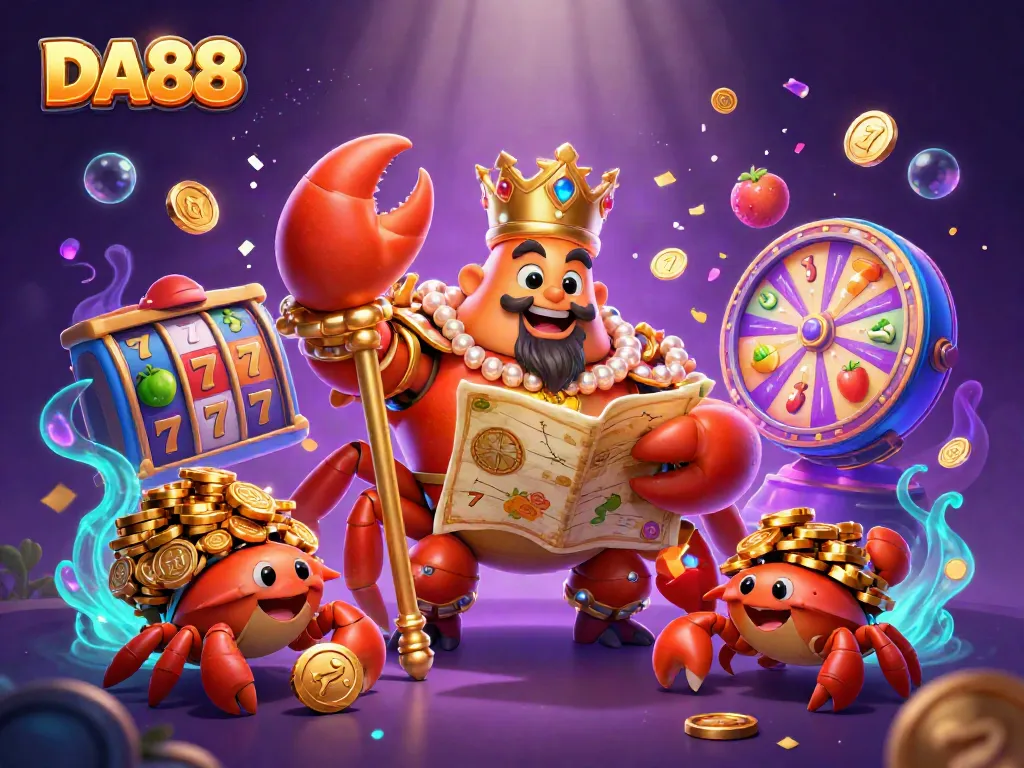 Engage gamers with DA88's vibrant casino scene featuring a golden crab emperor and dynamic slot elements.