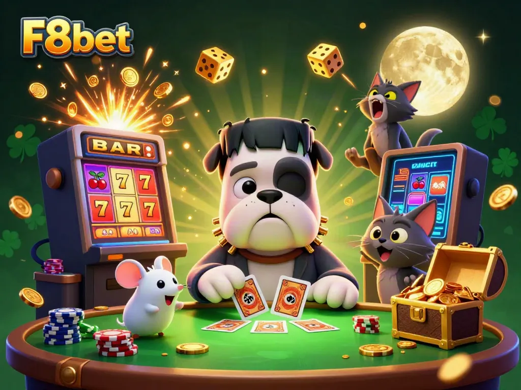 Engage at F8bet with a thrilling card game scene featuring a Frankenstein bulldog dealer, ghost mouse, and werewolf kitten.