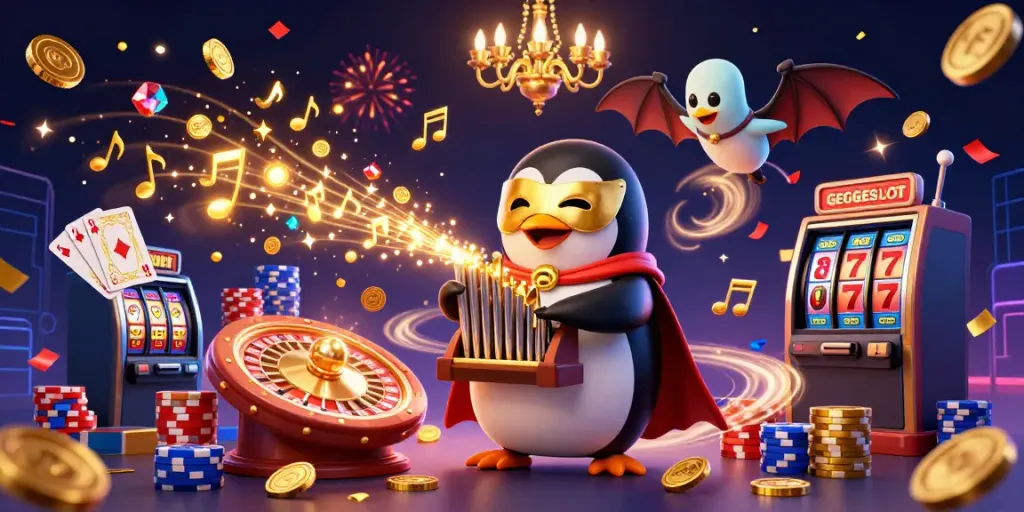 Experience GEGESLOT excitement with a vibrant 3D scene featuring a penguin organist and casino elements.