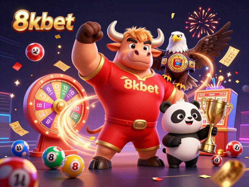 8xbet celebrates with a victorious bull mascot and eagle, surrounded by vibrant lottery elements.