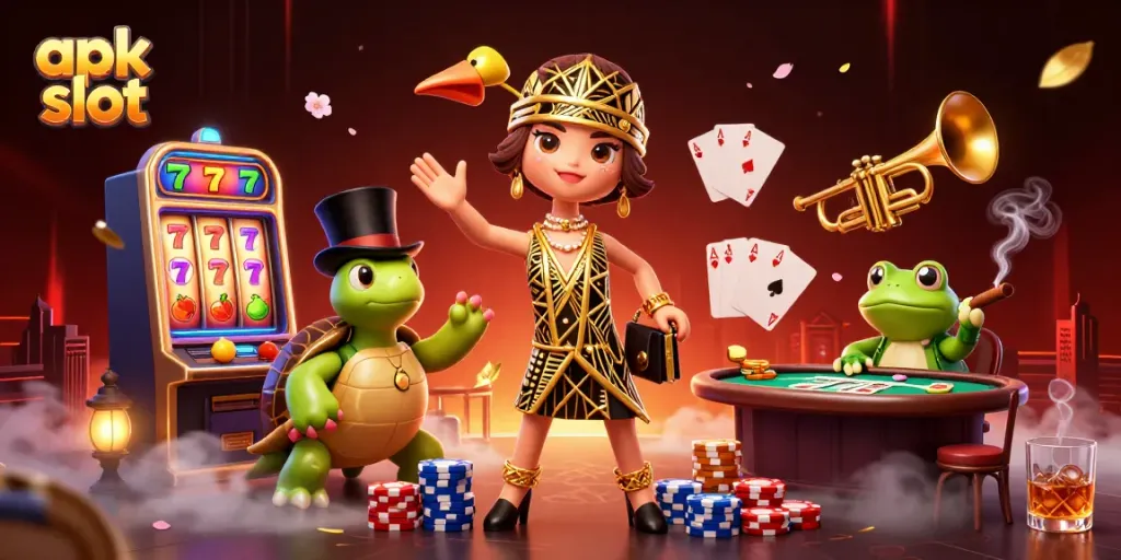 Engage with apk slot at a vibrant speakeasy bar featuring dynamic slot elements and lively characters.
