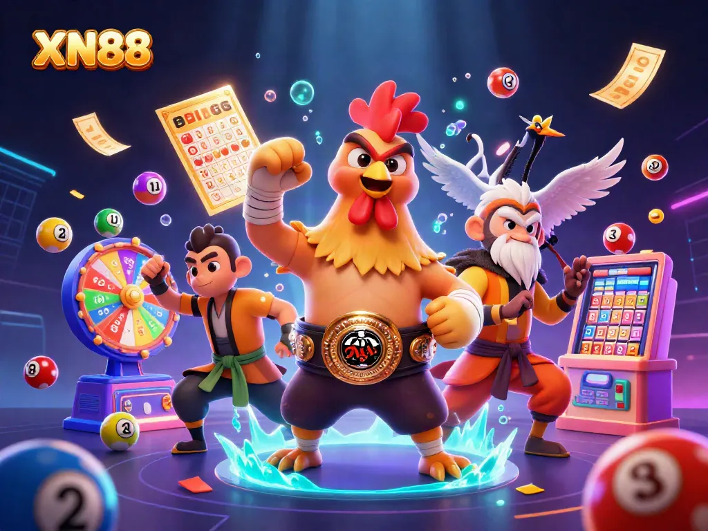 Win big with XN88 in a vibrant 3D illustration showcasing lively characters and casino elements