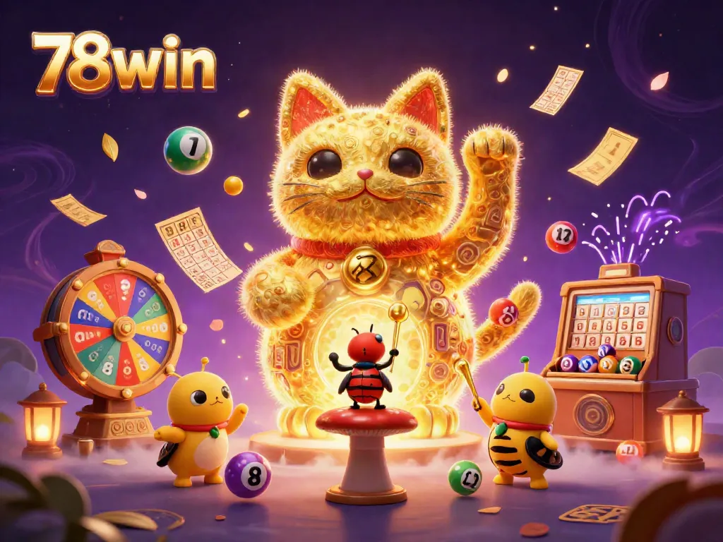 Experience the vibrant thrill of 78win with a lucky cat and dynamic casino symbols in 3D.