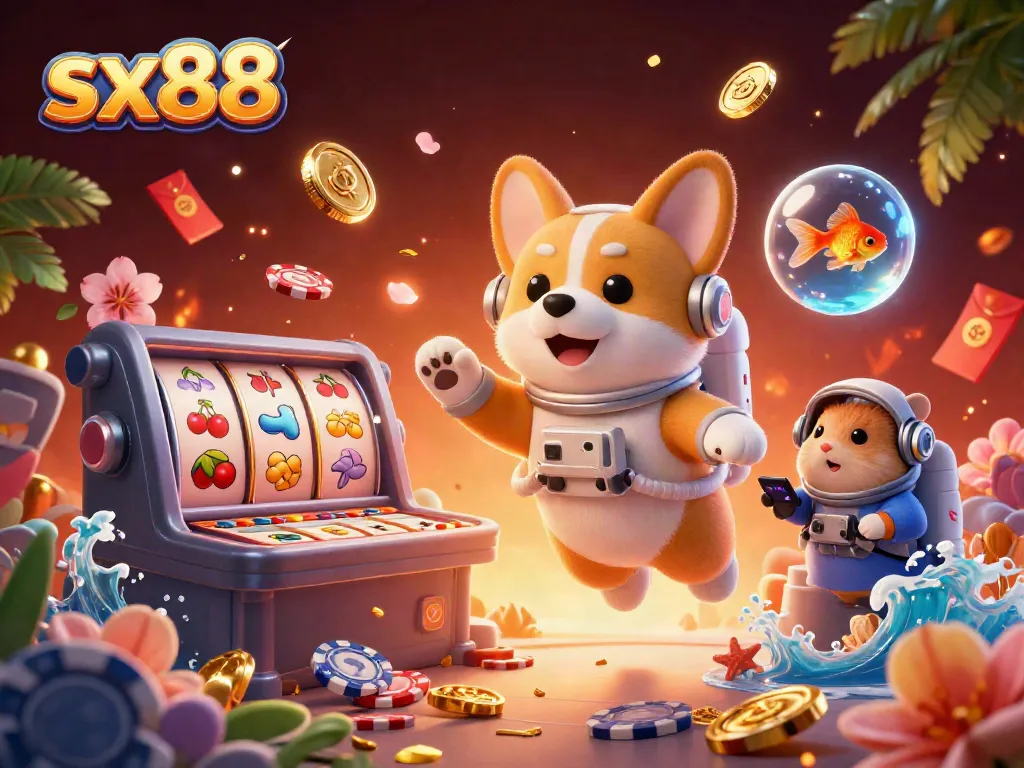 Experience thrilling sx88 slots action in a vibrant, engaging space casino scene with cartoon characters.
