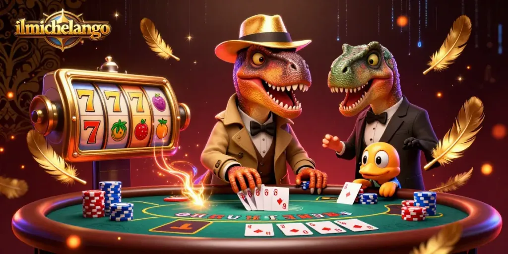 Ilmichelangelo casino features a velociraptor card counter amidst swirling slot reels and vibrant poker action.