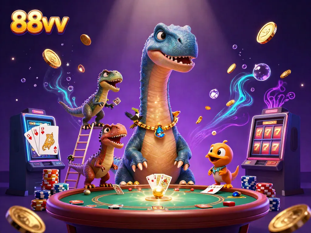 Join the excitement of 88vv casino with a fun 3D scene of a colossal brontosaurus and clever raptor in action.
