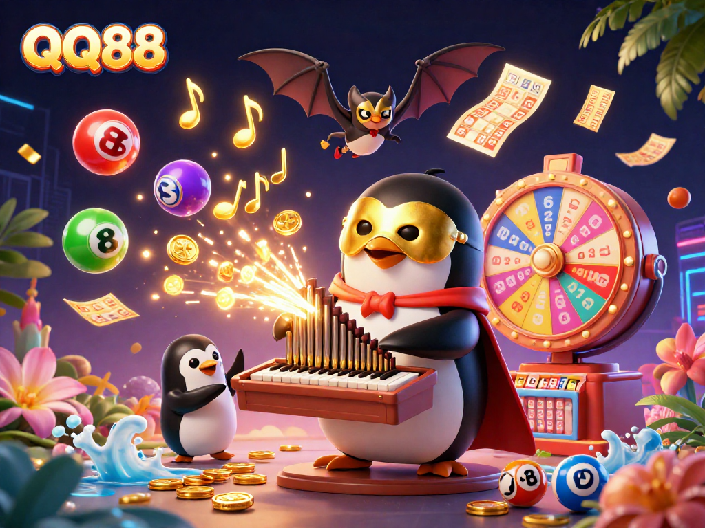 Experience QQ88 with a vibrant 3D gambling scene featuring colorful lottery elements and dynamic characters.