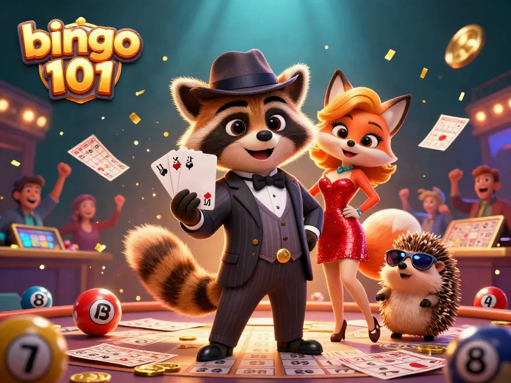 Gambarkan suasana bermain bingo 101 dengan karakter kartun di ruang bingo meriah dalam ilustrasi 3D.