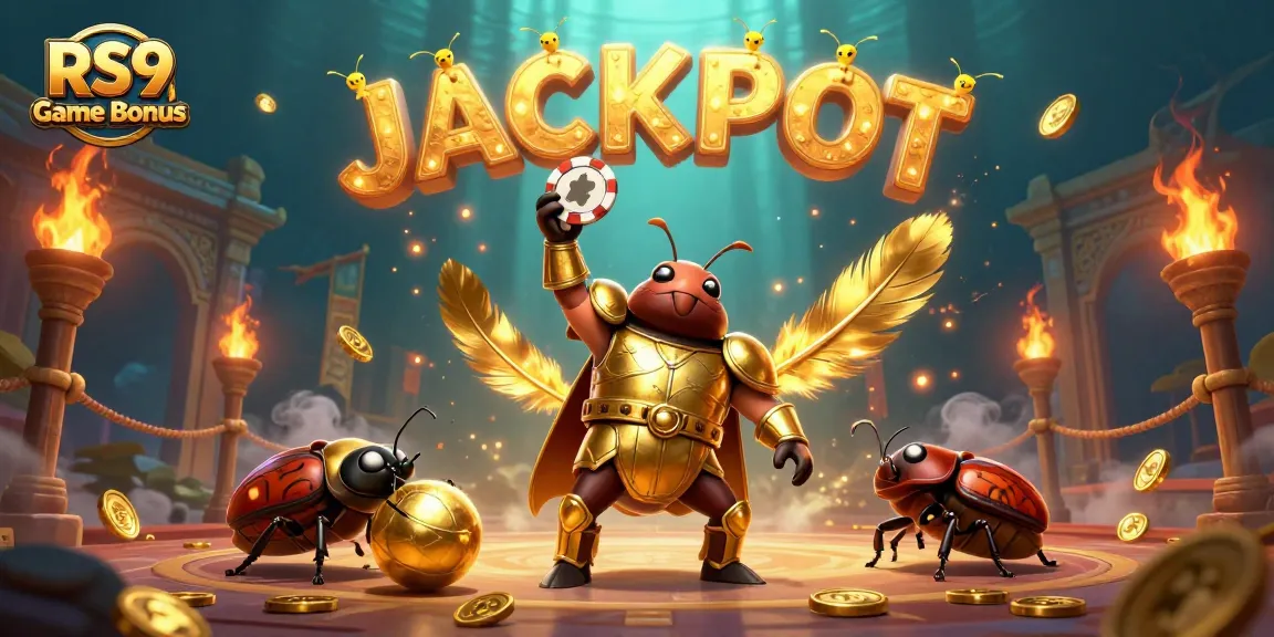 Experience the RS9 Game Bonus with a victorious beetle in golden armor amid a vibrant casino scene.