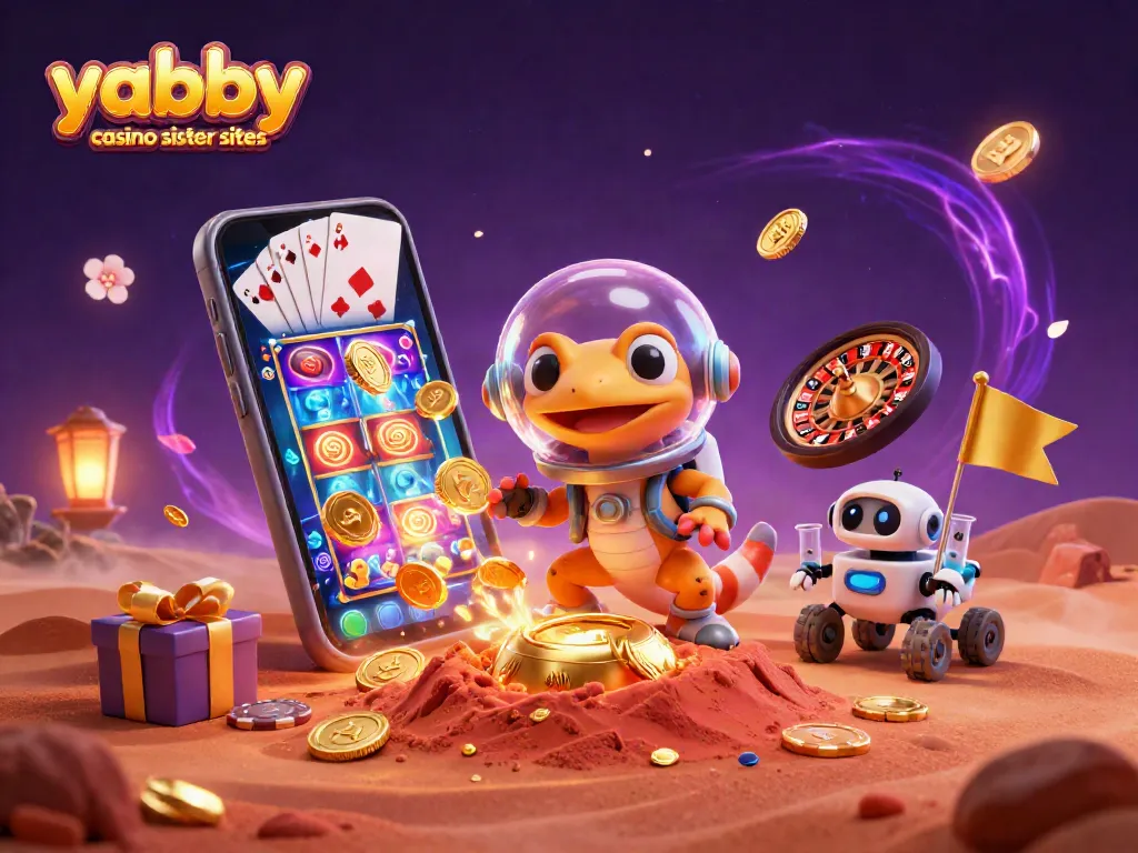 Play exciting games at yabby casino sister sites in a 3D vibrant illustration of a Martian casino adventure.