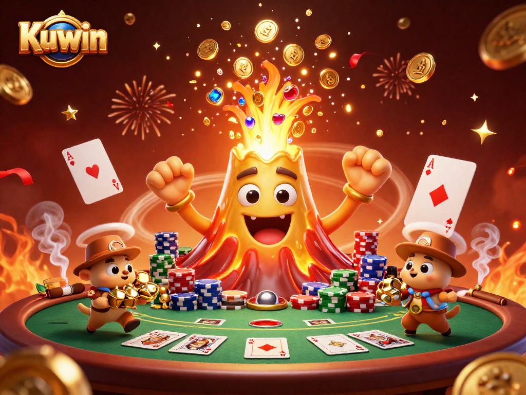Kuwin showcases a triumphant golden volcano erupting coins amidst poker elements, enhancing the gaming excitement.