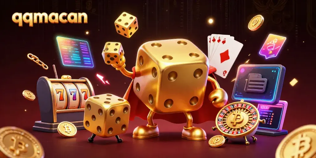 Experience thrilling gameplay with qqmacan, featuring golden dice and slot elements amidst vibrant casino excitement.