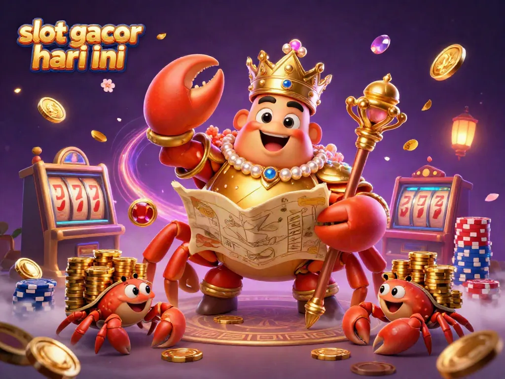 Experience the excitement of slot gacor hari ini with a golden crab emperor and treasures in a dynamic casino scene.
