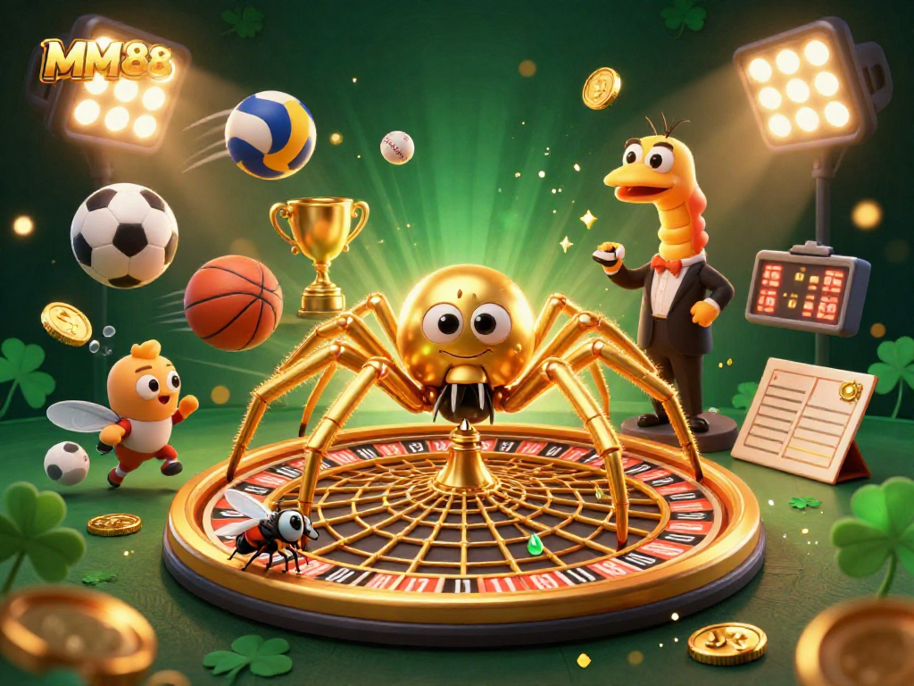 Engage in thrilling bets at MM88's dynamic casino scene with a golden spider and centipede croupier.