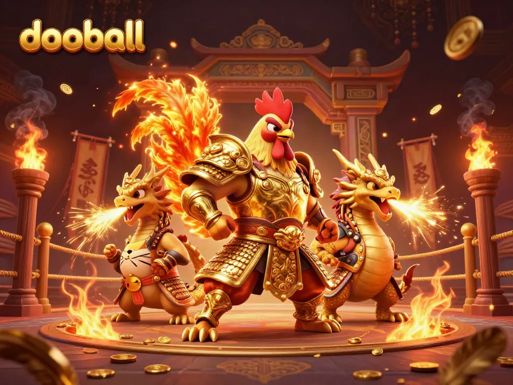 Betting with dooball at a dynamic 3D illustrated fighting arena featuring a vibrant warrior rooster and dragon.
