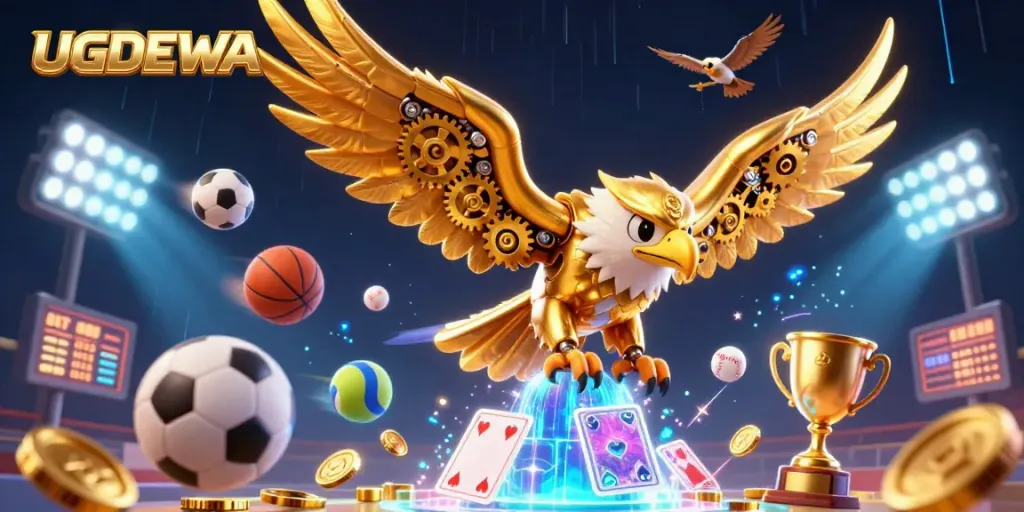 Experience thrilling gameplay with UGDEWA as a golden eagle dives through holographic cards amid sports elements.