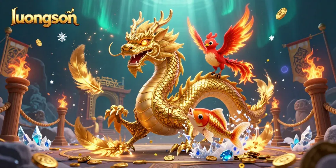 Experience thrilling action in luongson with majestic dragon and phoenix in vibrant casino art.
