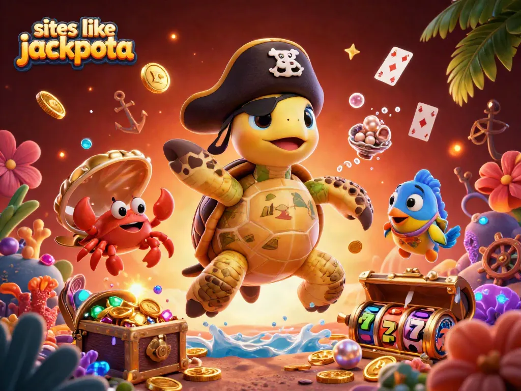 Engaging scene of characters promoting sites like jackpota with floating slot reels and vibrant gold coins.