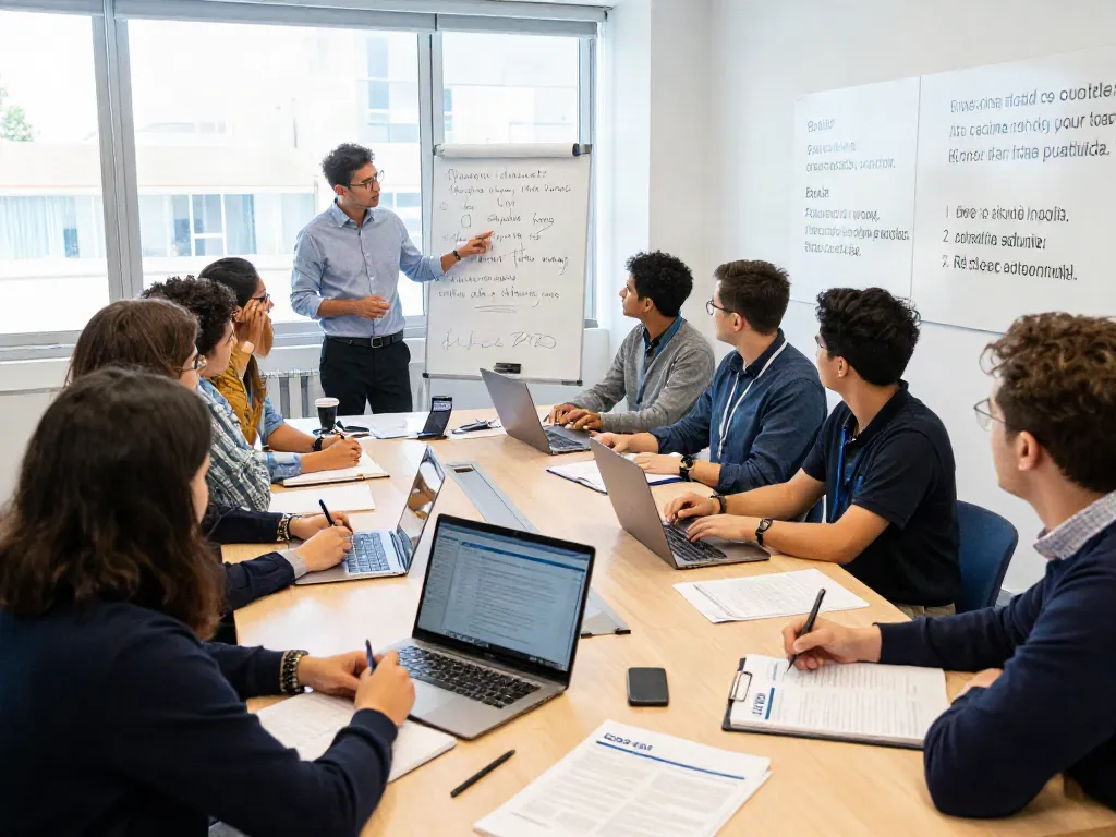 ISO 9001 Lead Auditor Course training session with diverse participants engaging in discussions in a bright classroom.