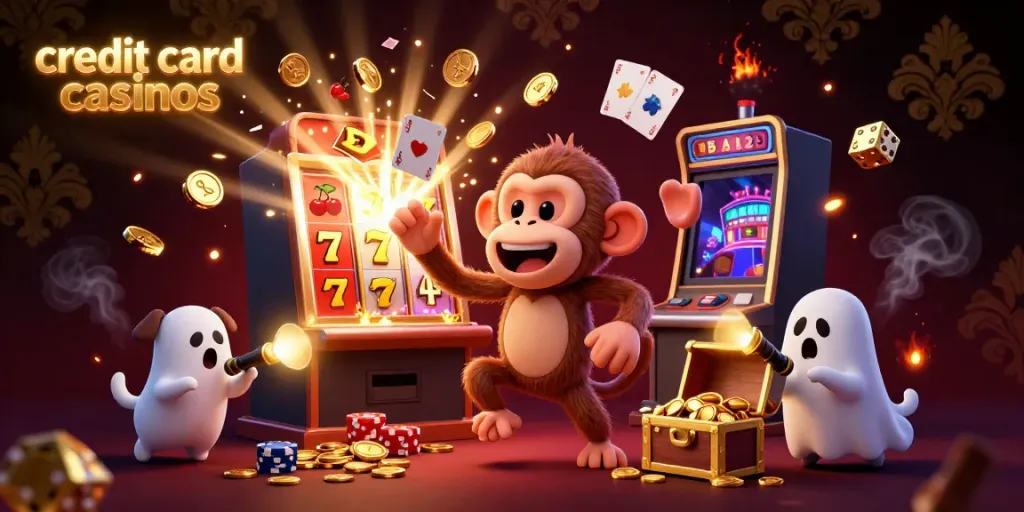 Experience the thrills of credit card casinos with a playful ghost monkey juggling golden treasures in a vibrant 3D haunted casino scene.