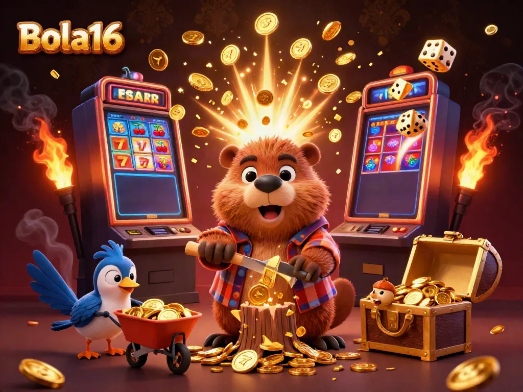 Experience the excitement of Bola16 with a vibrant 3D illustration showcasing gold-winning moments in gambling.