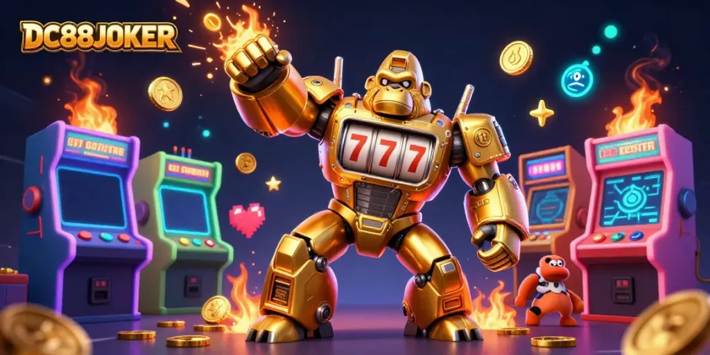 Engage with DC88JOKER through a vibrant 3D casino scene featuring a golden gorilla mech and arcade elements.