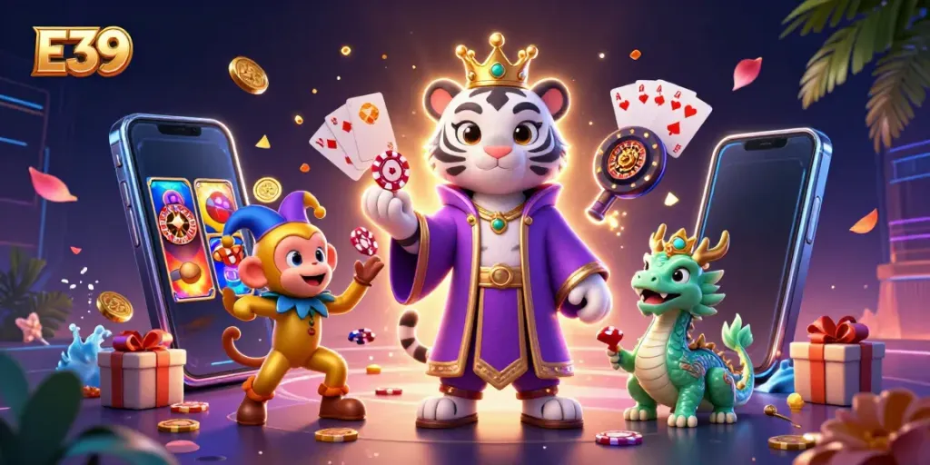 Engage with E39's vibrant casino experience, featuring a royal tiger, jester monkey, and jade dragon.