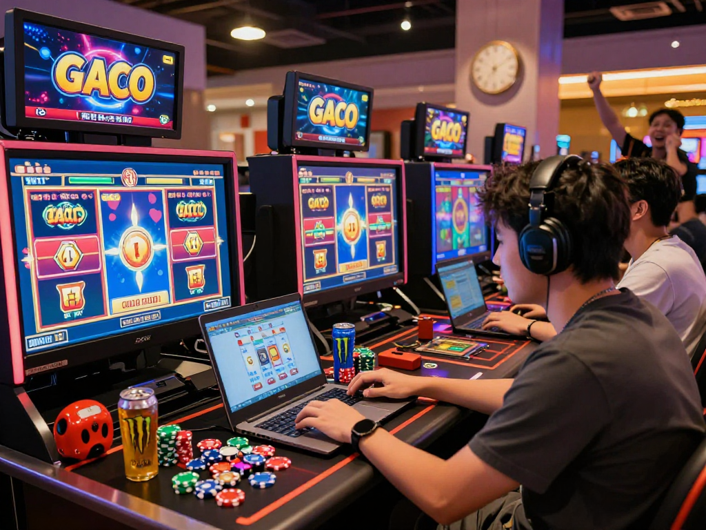 Engaged player in vibrant online gambling session showcasing slot gacor gameplay at a virtual casino.