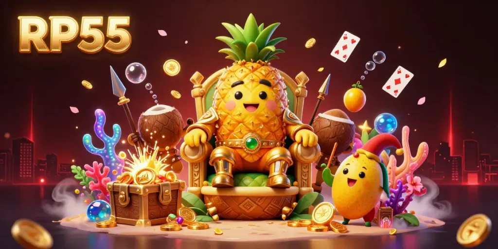 Experience the magic of RP55 in this vibrant casino scene with a pineapple king and treasure.