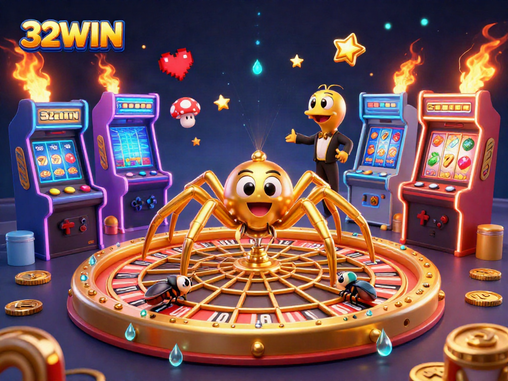 Experience thrilling gameplay with 32WIN in a vibrant casino atmosphere featuring a roulette wheel and arcade elements.