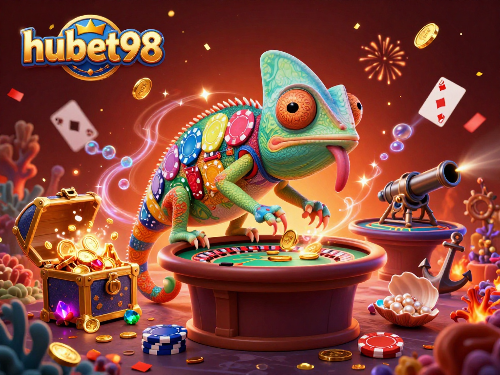 Experience vibrant gaming action with hubet98's chameleon casino owner and treasure-themed elements.