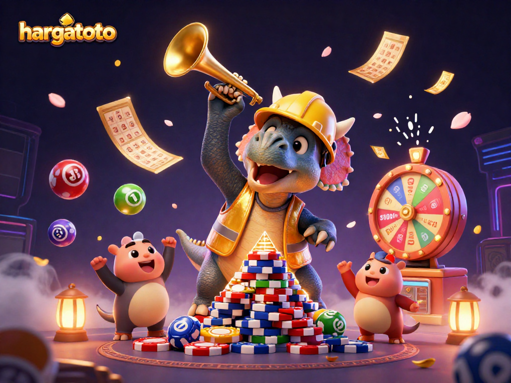 Watch hargatoto create excitement with vibrant casino fun and lottery elements in a colorful dynamic scene.