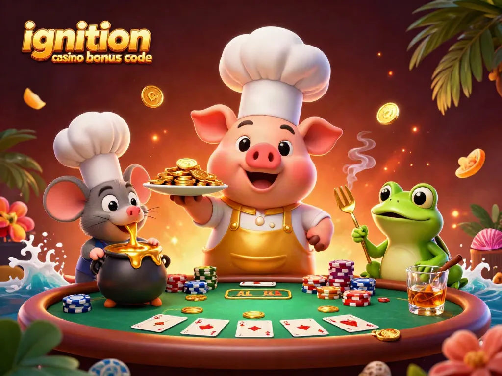 Engage with Ignition Casino Bonus Code offers through poker-themed illustration featuring whimsical chef characters.