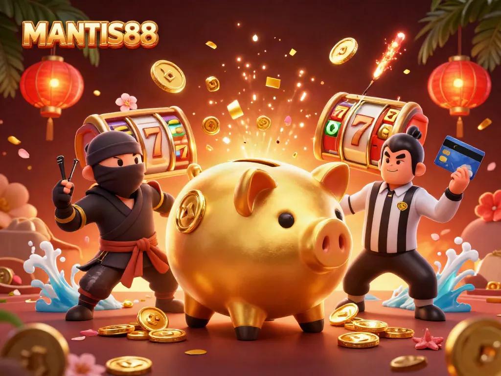 MANTIS88 casino illustration depicting a golden piggy bank sumo wrestler and dynamic characters around colorful slot elements.