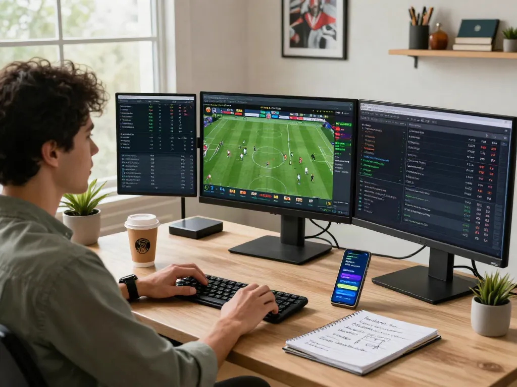 Merahtoto analisis taruhan olahraga dengan tampilan statistik dan strategi di kantor rumah modern.